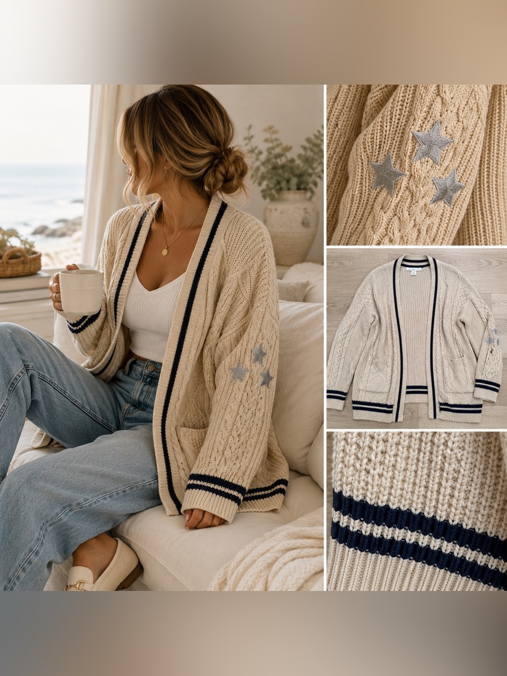 Altar’d State Cable Knit Varsity Cardigan Star Patch Open Front XS Cream Navy